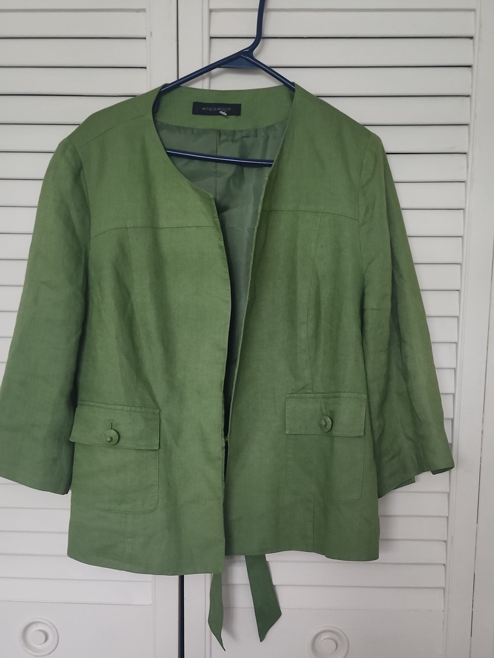 100 & Linen Green Linen Blend Open Jacket - Women Eye Hook Close